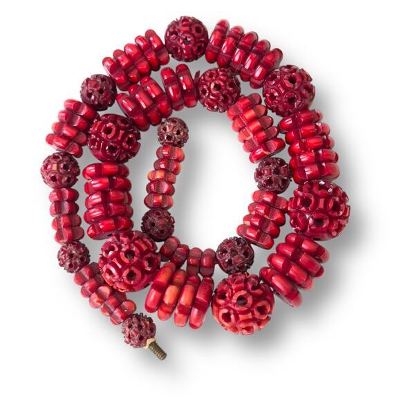 Art Deco Carved Garnet Red Bakelite Galalith Louis Rousselet Bead 16” Necklace - Picture 1 of 16